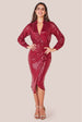 Goddiva Sequin Front Split Shirt Dress - Wine