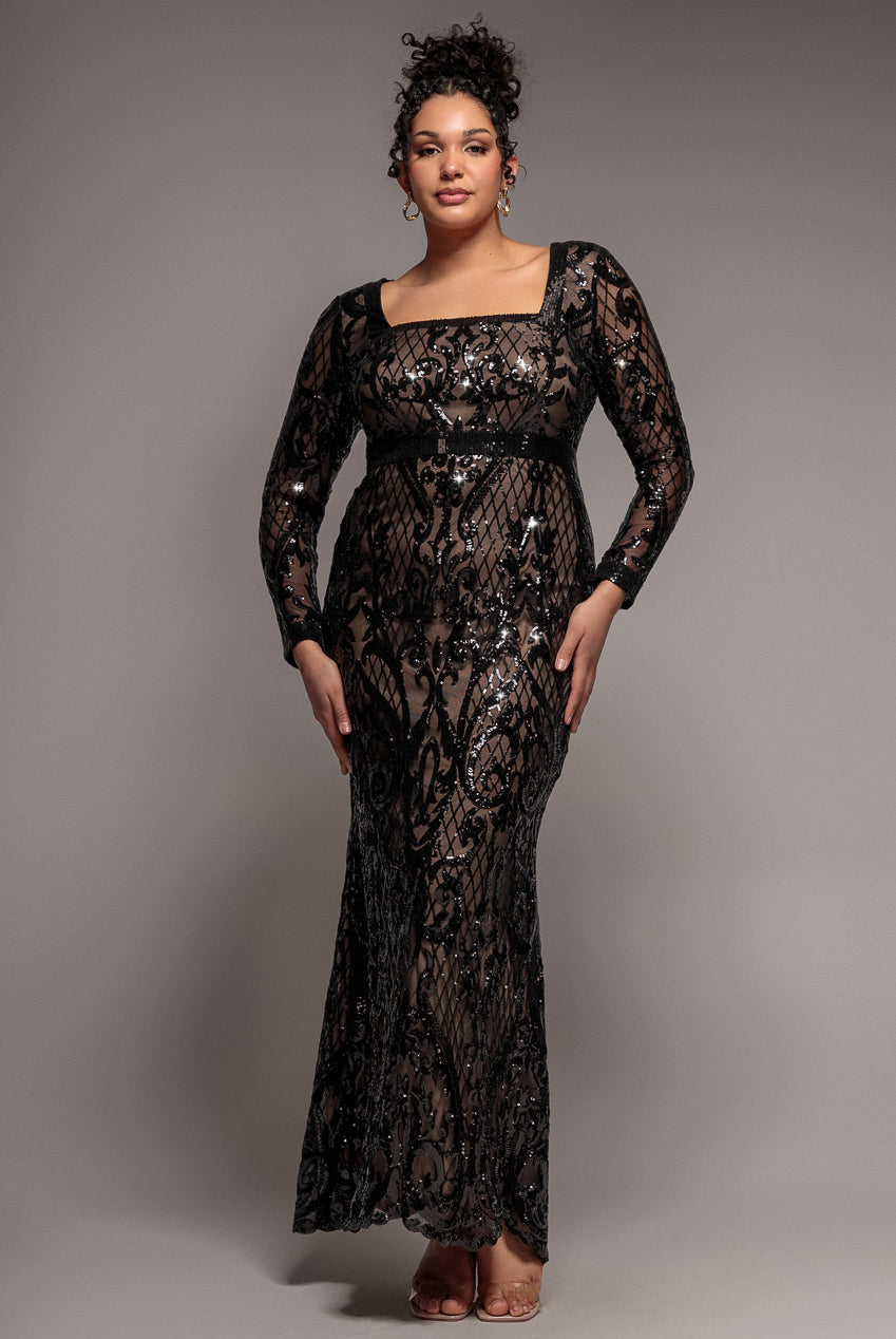 Goddiva Plus Sequin Square Neck Maxi With Scallop Hem - Black