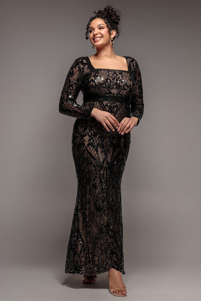 Black - Goddiva Plus Sequin Square Neck Maxi With Scallop Hem - Black