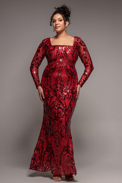 Red - Goddiva Plus Sequin Square Neck Maxi With Scallop Hem - Red