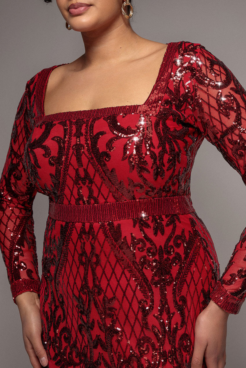 Goddiva Plus Sequin Square Neck Maxi With Scallop Hem - Red