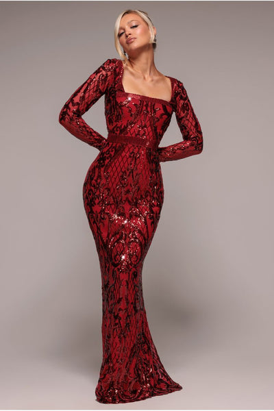 Goddiva Sequin Square Neck Maxi With Scallop Hem - Red