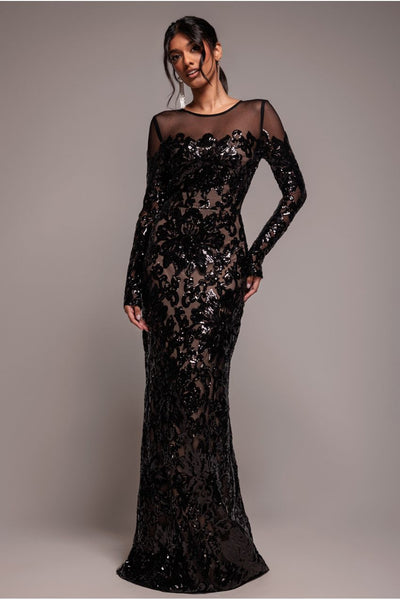 Black - Goddiva Floral Sequin Mesh Maxi - Black