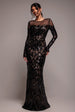 Goddiva Floral Sequin Mesh Maxi - Black