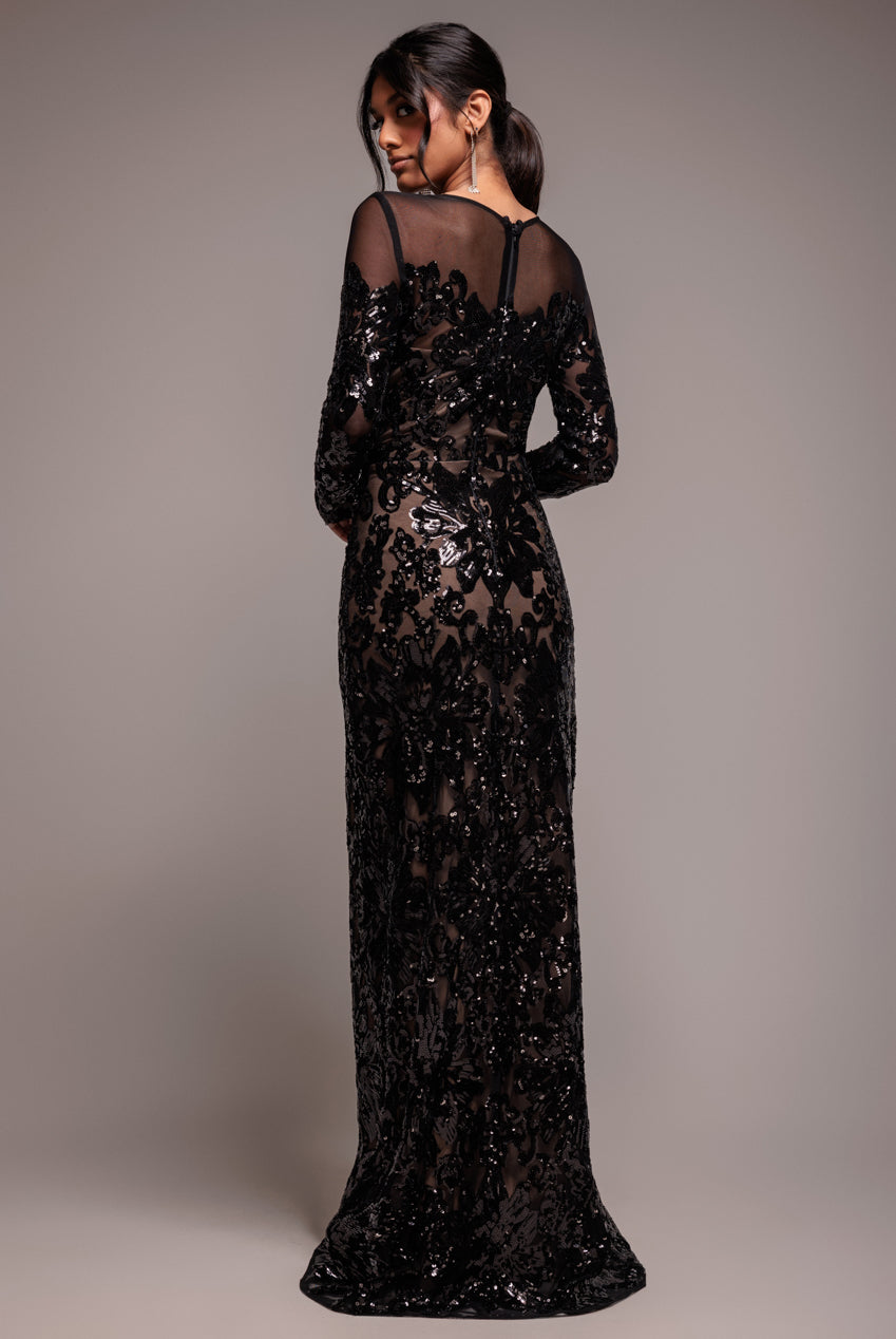 Goddiva Floral Sequin Mesh Maxi - Black
