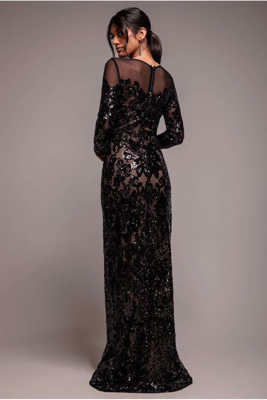 Goddiva Floral Sequin Mesh Maxi - Black
