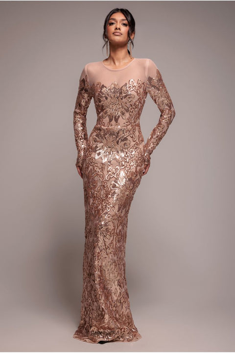 Goddiva Floral Sequin Mesh Maxi - Champagne