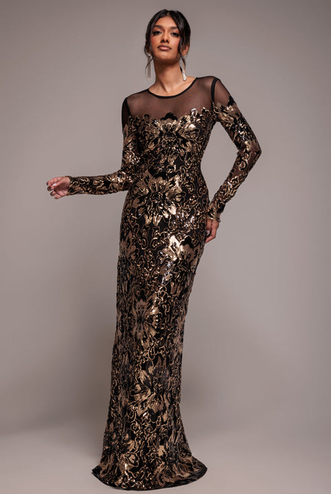 Goddiva Floral Sequin Mesh Maxi - Gold