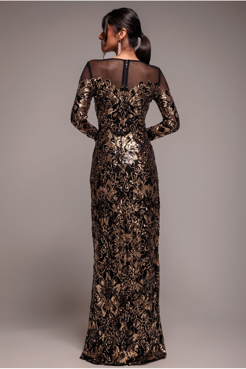 Goddiva Floral Sequin Mesh Maxi - Gold