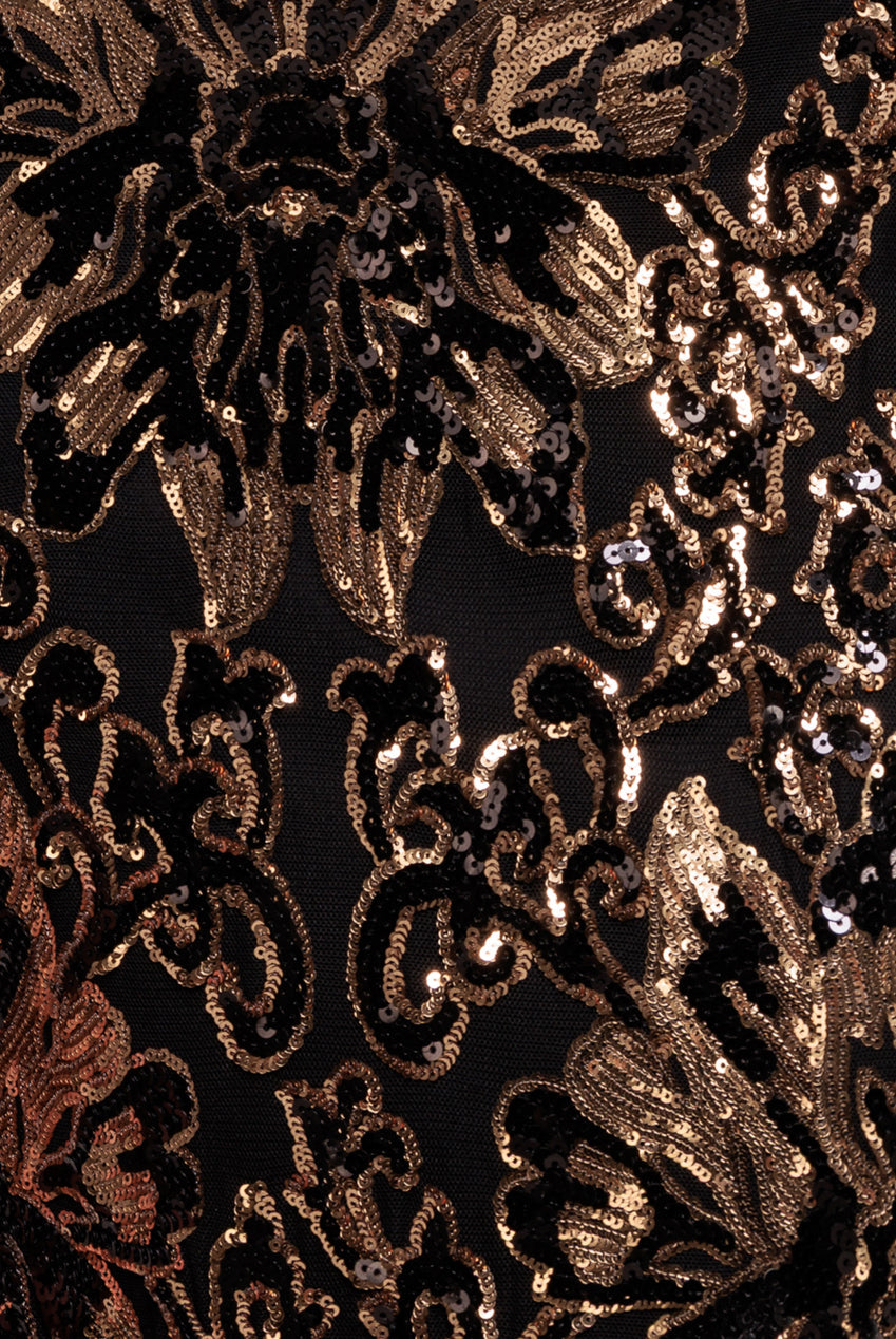 Goddiva Floral Sequin Mesh Maxi - Gold