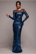 Goddiva Floral Sequin Mesh Maxi - Navy