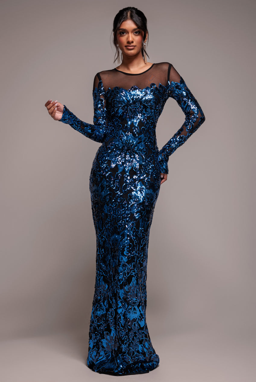 Goddiva Floral Sequin Mesh Maxi - Navy