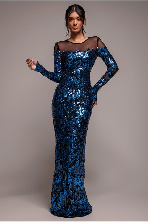 Goddiva Floral Sequin Mesh Maxi - Navy