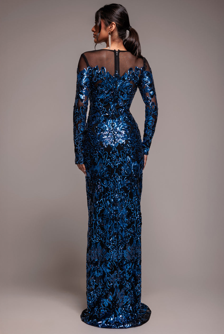 Goddiva Floral Sequin Mesh Maxi - Navy