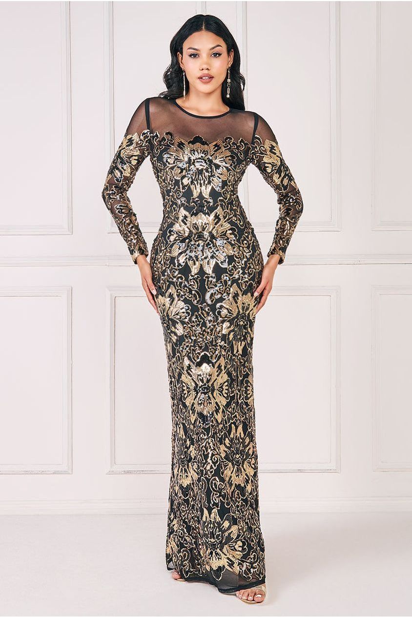 Goddiva Floral Sequin Mesh Maxi - Gold