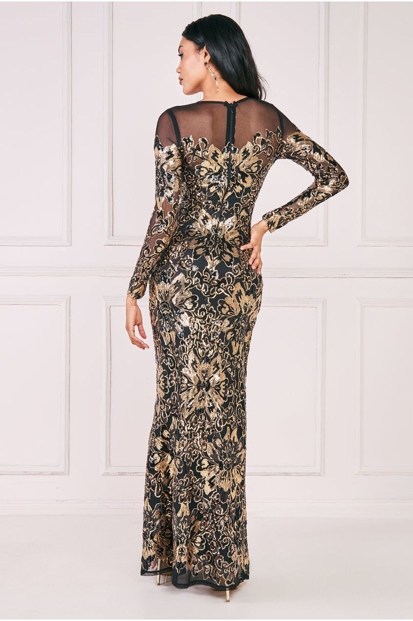 Goddiva Floral Sequin Mesh Maxi - Gold