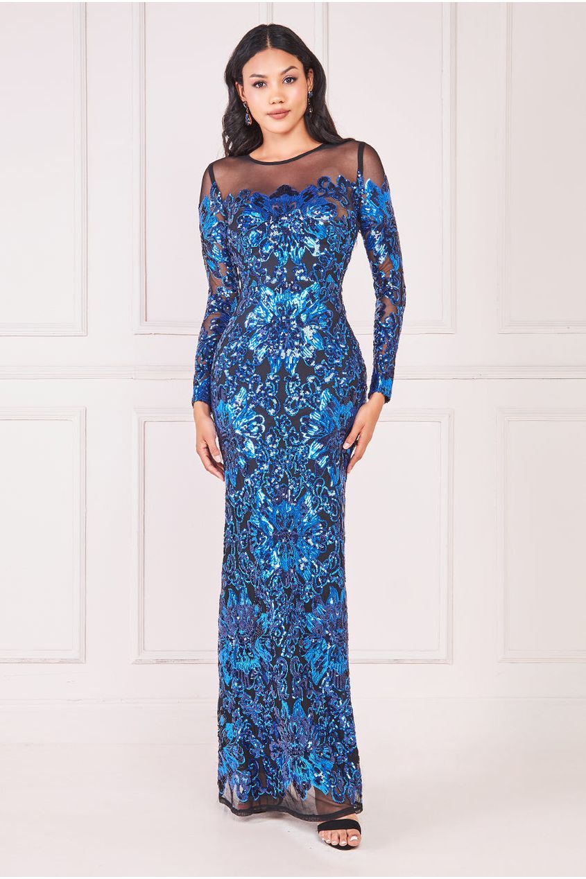 Goddiva Floral Sequin Mesh Maxi - Navy