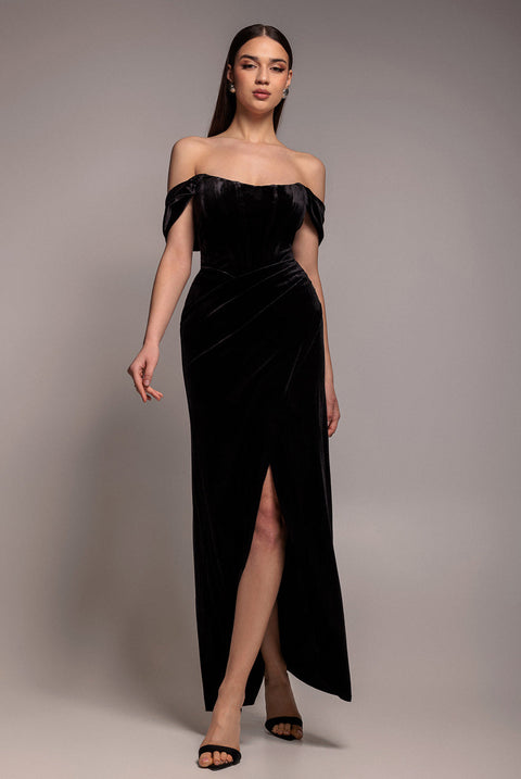 Goddiva Draped Shoulder Velvet Corset Maxi Dress - Black