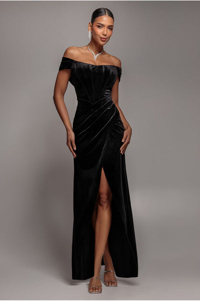 Black - Goddiva Draped Shoulder Velvet Corset Maxi Dress - Black