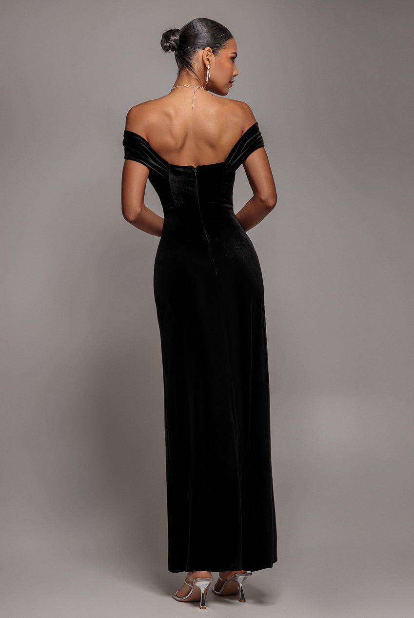 Goddiva Draped Shoulder Velvet Corset Maxi Dress - Black