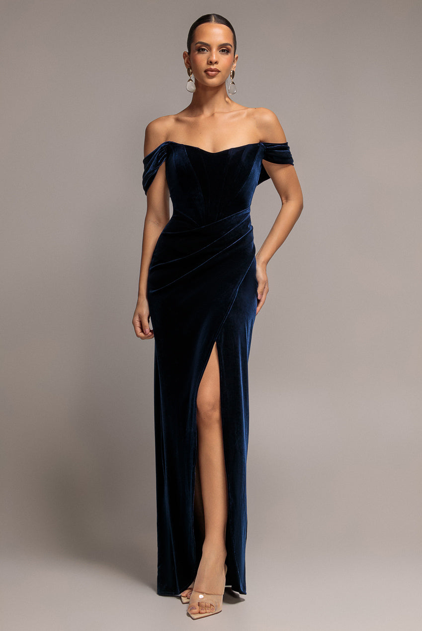 Goddiva Draped Shoulder Velvet Corset Maxi Dress - Navy Blue