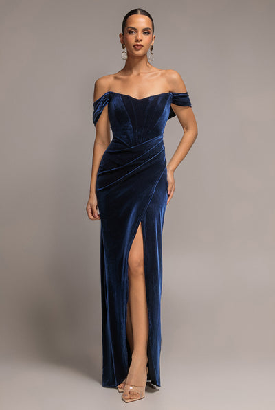 Goddiva Draped Shoulder Velvet Corset Maxi Dress - Navy Blue