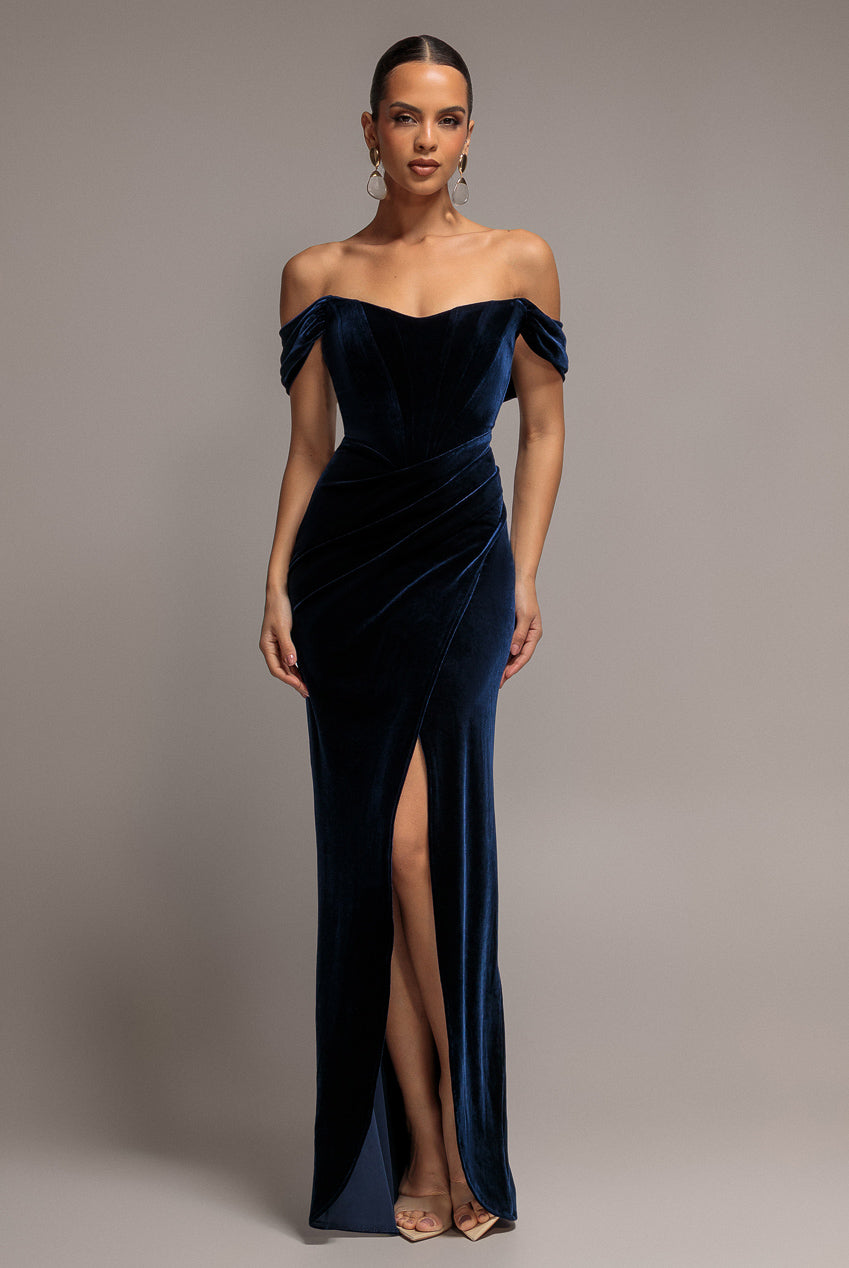 Goddiva Draped Shoulder Velvet Corset Maxi Dress - Navy Blue