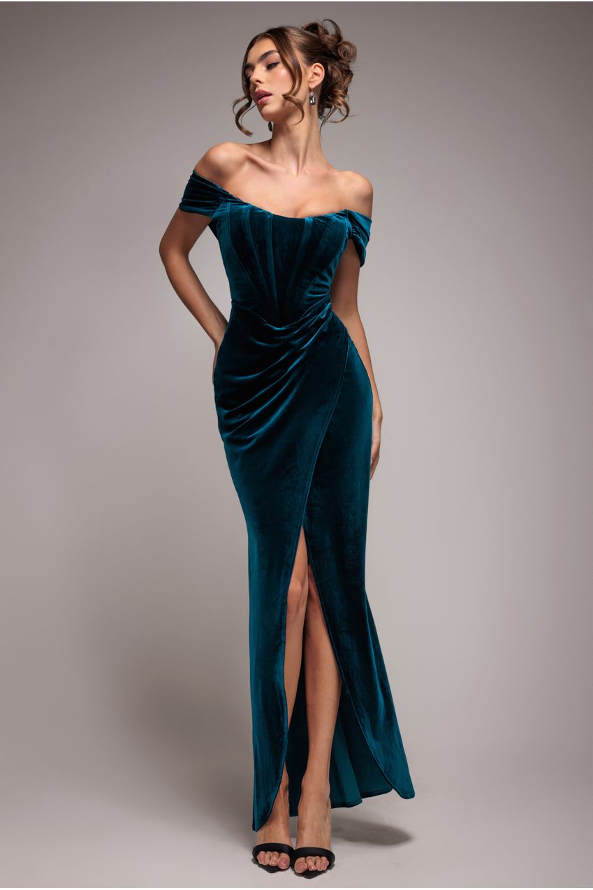 Goddiva Draped Shoulder Velvet Corset Maxi Dress - Teal Blue