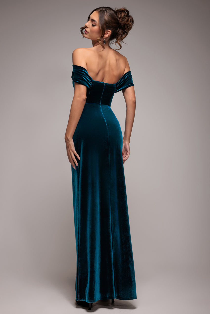 Goddiva Draped Shoulder Velvet Corset Maxi Dress - Teal Blue