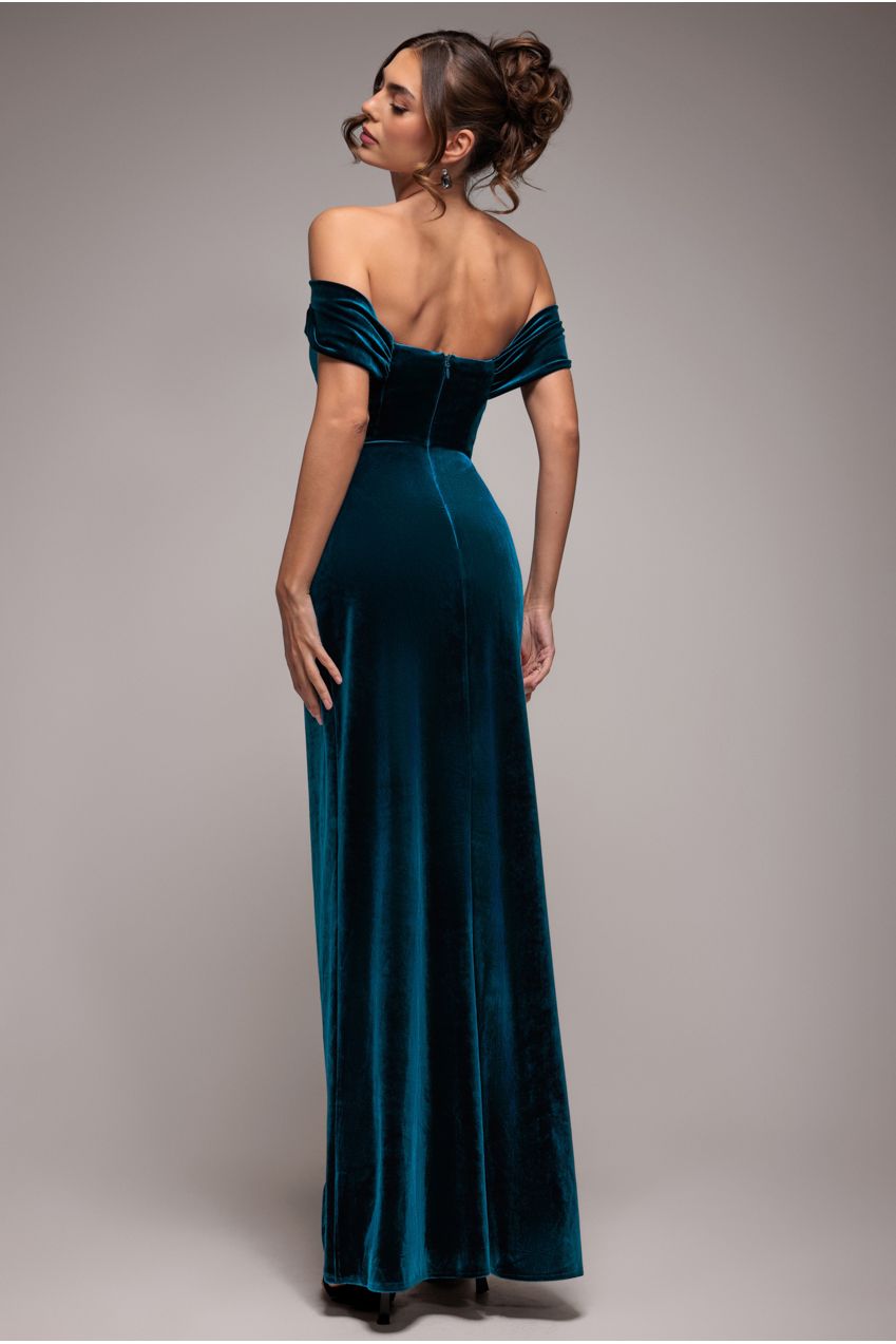 Goddiva Draped Shoulder Velvet Corset Maxi Dress - Teal Blue