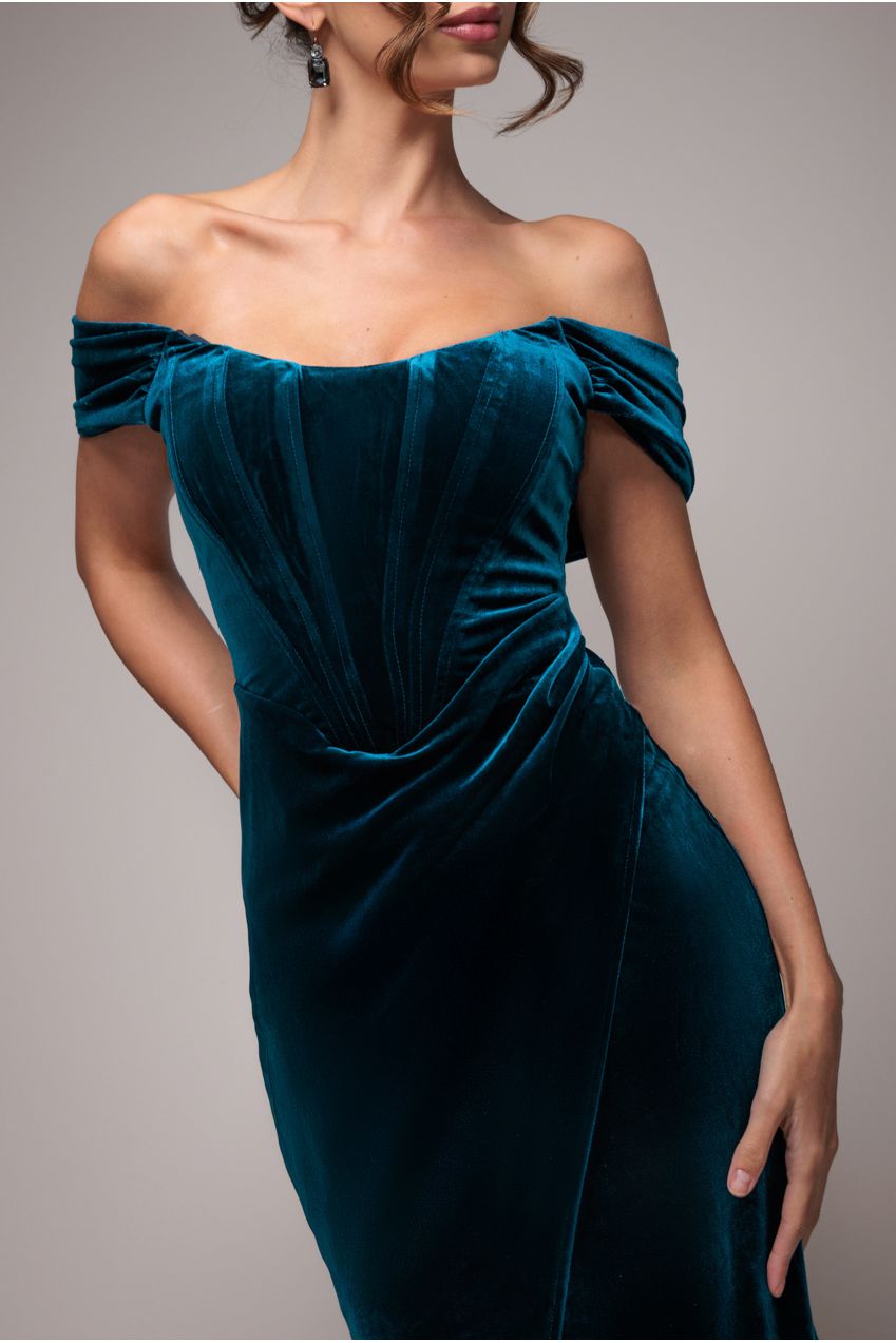 Goddiva Draped Shoulder Velvet Corset Maxi Dress - Teal Blue