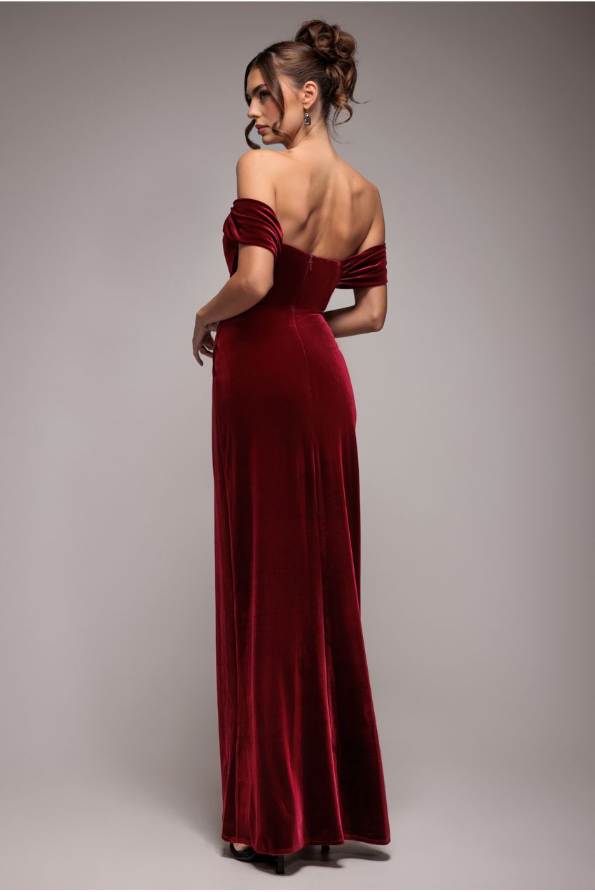 Goddiva Draped Shoulder Velvet Corset Maxi Dress - Wine