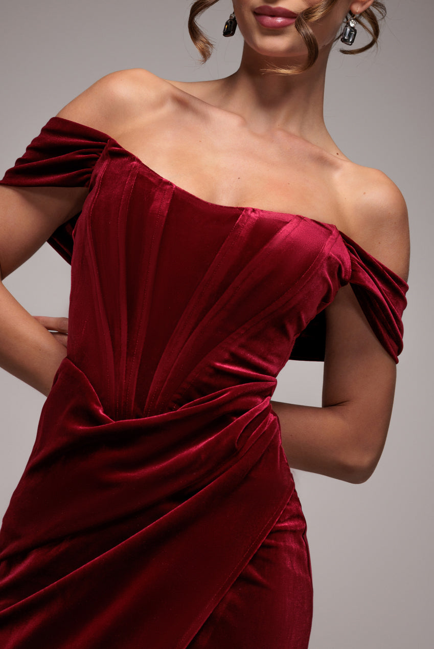 Goddiva Draped Shoulder Velvet Corset Maxi Dress - Wine