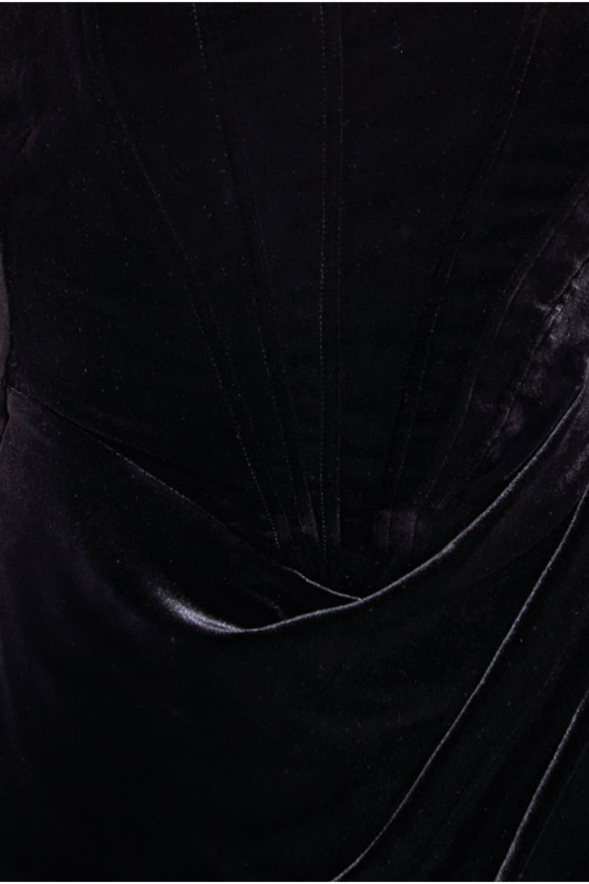 Goddiva Draped Shoulder Velvet Corset Maxi - Black