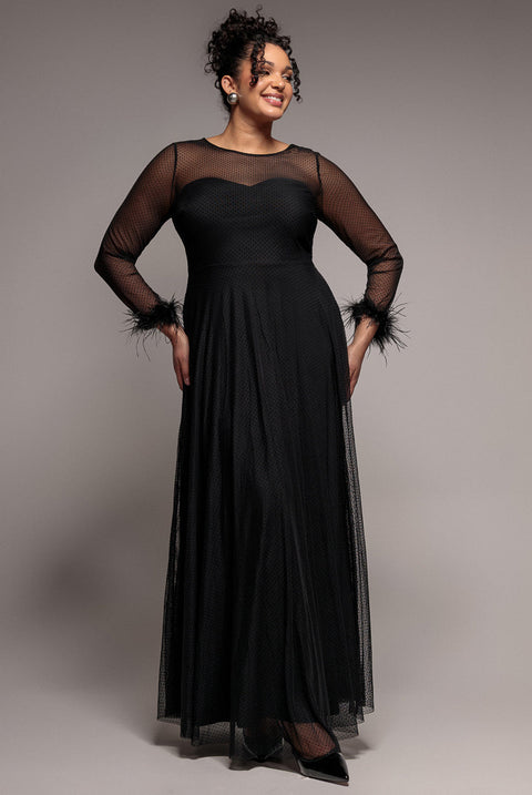 Goddiva Plus Dobby Mesh Feather Sleeve Hem Maxi Dress - Black