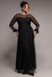 Goddiva Plus Dobby Mesh Feather Sleeve Hem Maxi Dress - Black