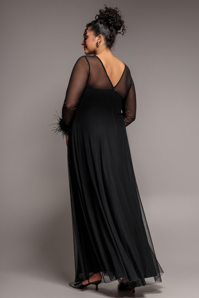 Goddiva Plus Dobby Mesh Feather Sleeve Hem Maxi Dress - Black