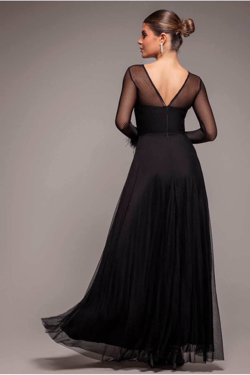 Goddiva Dobby Mesh Feather Sleeve Hem Maxi Dress - Black