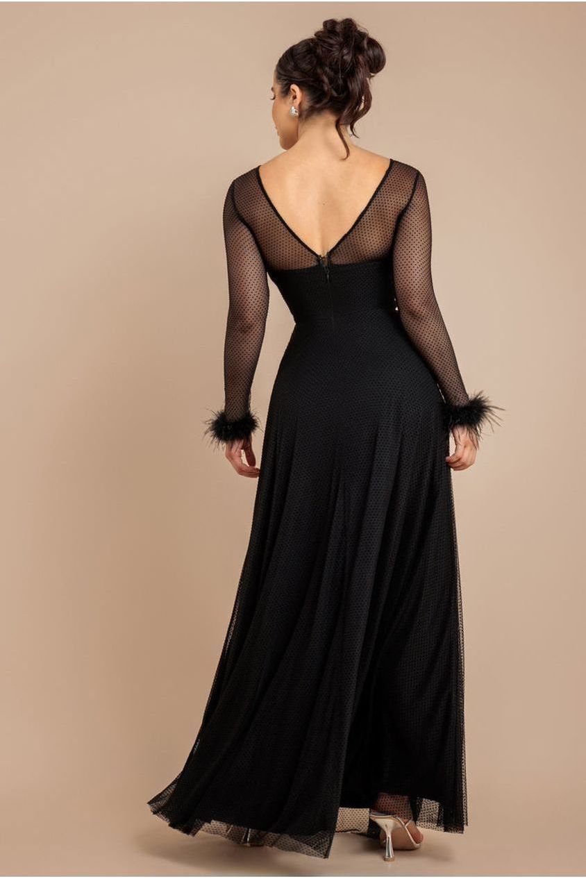 Goddiva Dobby Mesh Feather Sleeve Hem Maxi Dress - Black