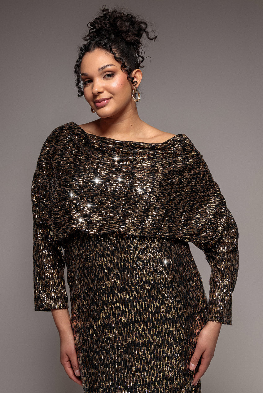 Goddiva Plus Sequin Cowl Maxi Dress - Black