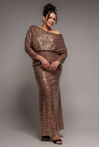 Goddiva Plus Sequin Cowl Maxi Dress - Bronze