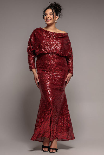Wine - Goddiva Plus Sequin Cowl Maxi Dress - Wine