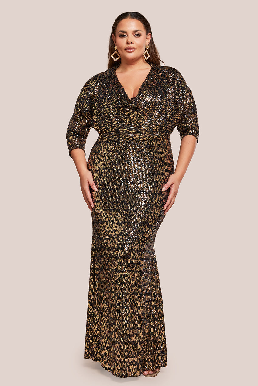 Goddiva Plus Sequin Cowl Maxi Dress - Black