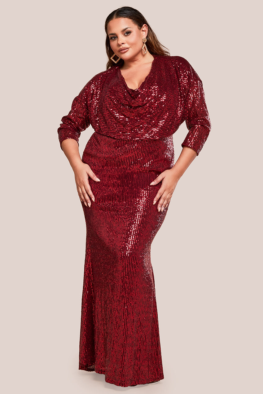 Goddiva Plus Sequin Cowl Maxi Dress - Wine