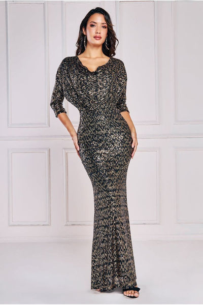 Black - Goddiva Sequin Cowl Maxi Dress - Black