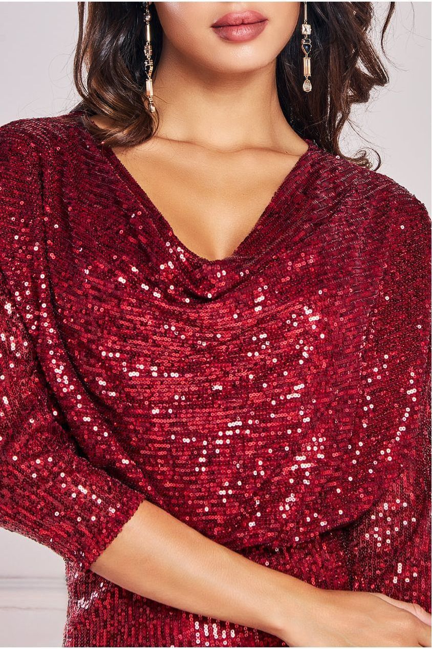 Goddiva Sequin Cowl Maxi Dress - Wine