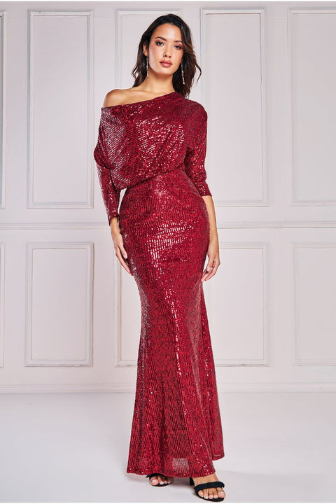 Goddiva Sequin Cowl Maxi Dress - Wine