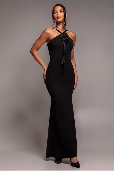 Black - Goddiva Racer Neck Corsage Scuba Maxi - Black