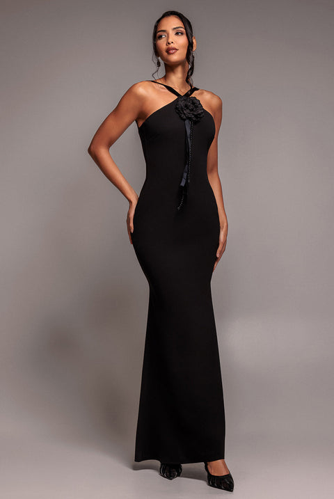 Goddiva Racer Neck Corsage Scuba Maxi - Black