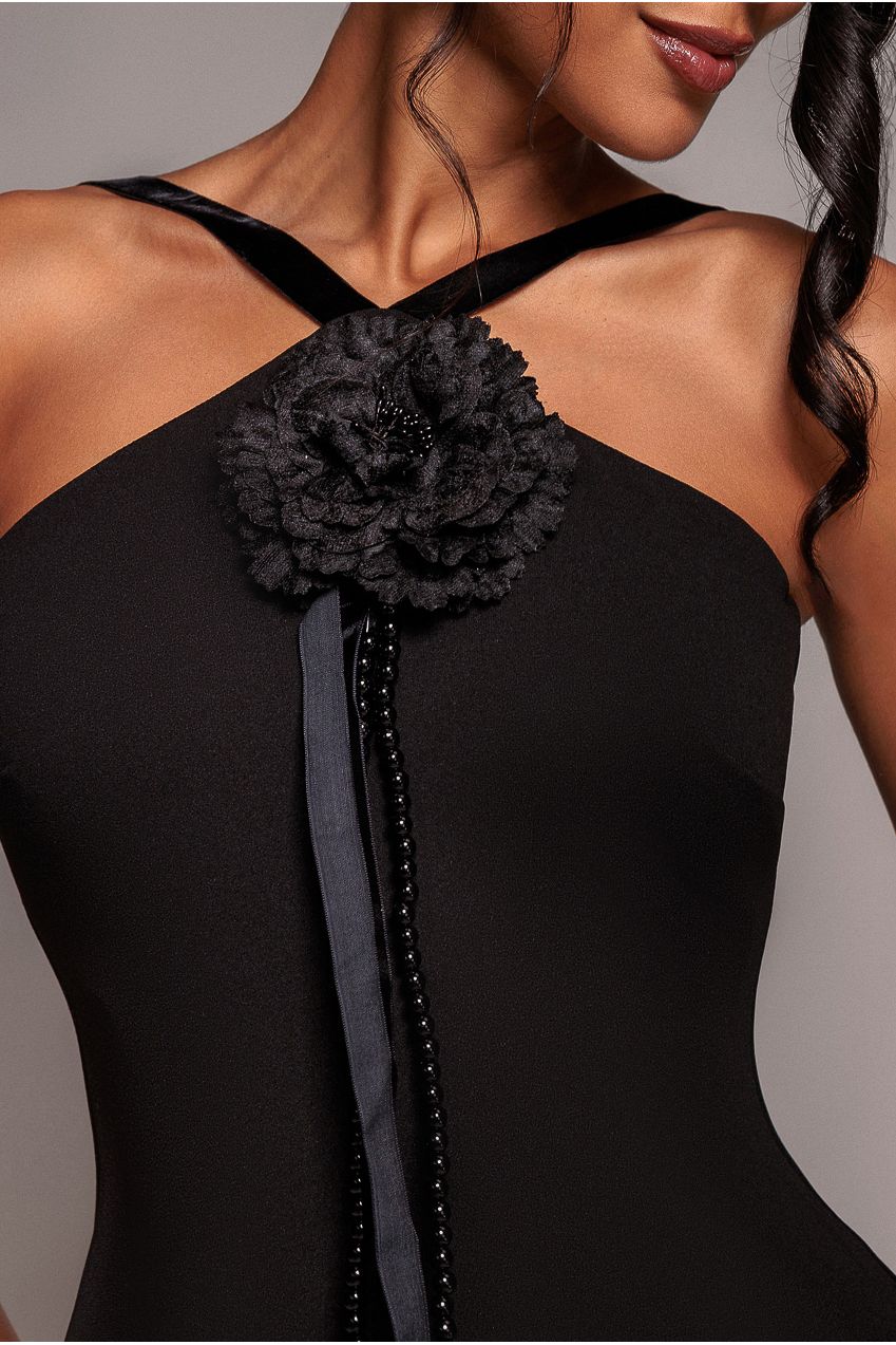Goddiva Racer Neck Corsage Scuba Maxi - Black
